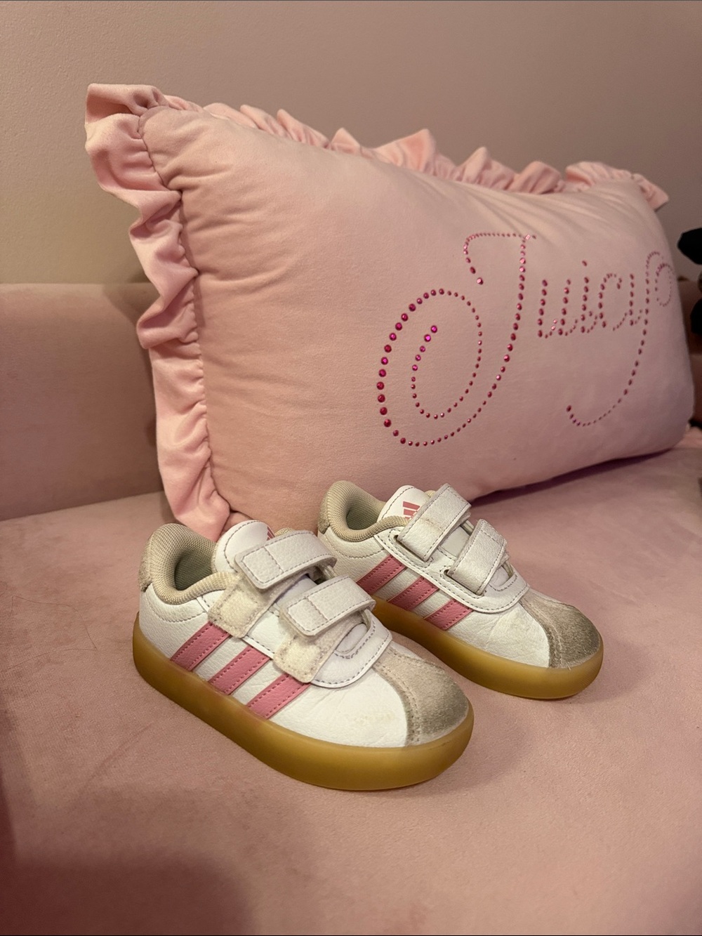 adidas Kids White & Pink Velcro Sneakers with Gum Sole